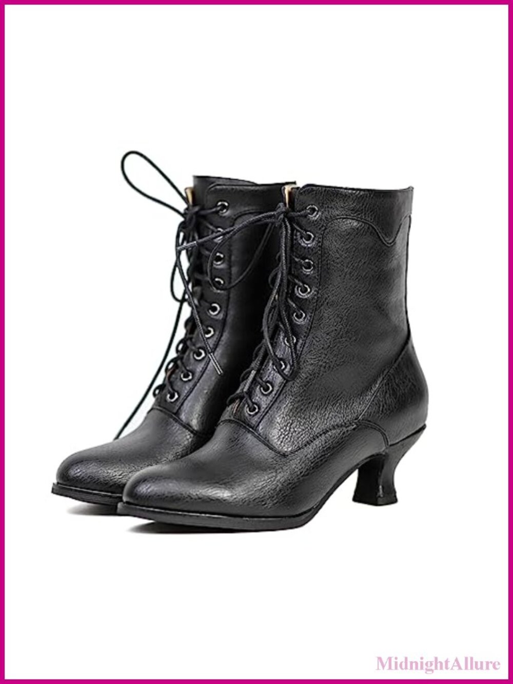 Victorian Mid Calf Lace Up Boots Round Toe Chunky Heel Women's